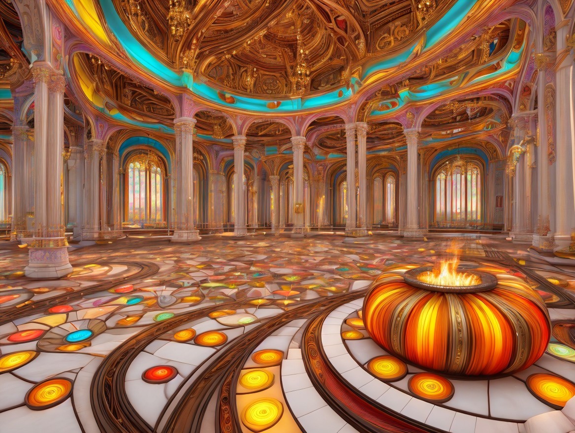 Grand hall with ornate architecture and vibrant decor
