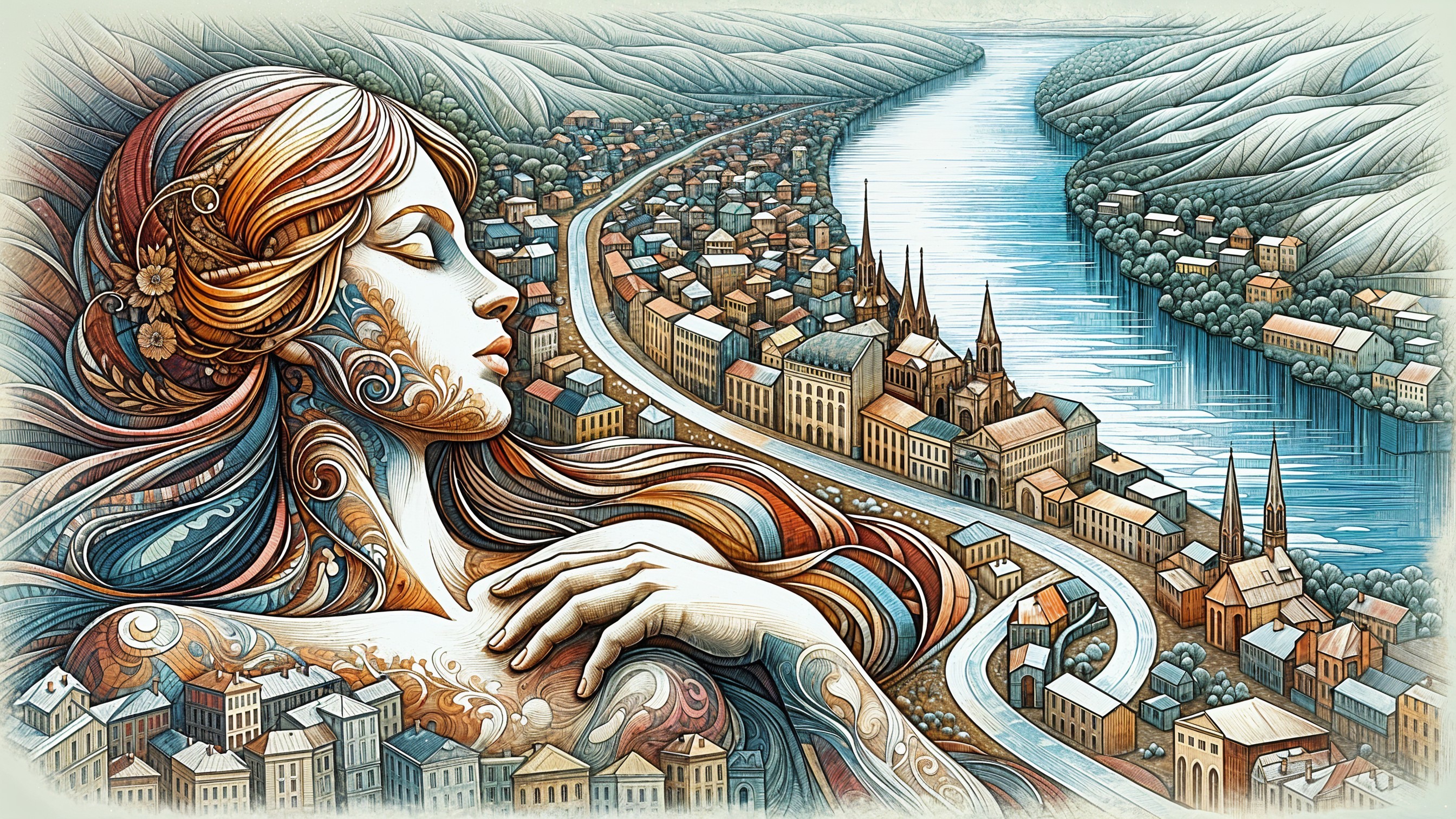 Intricate Woodcut Illustration of Woman and Cityscape