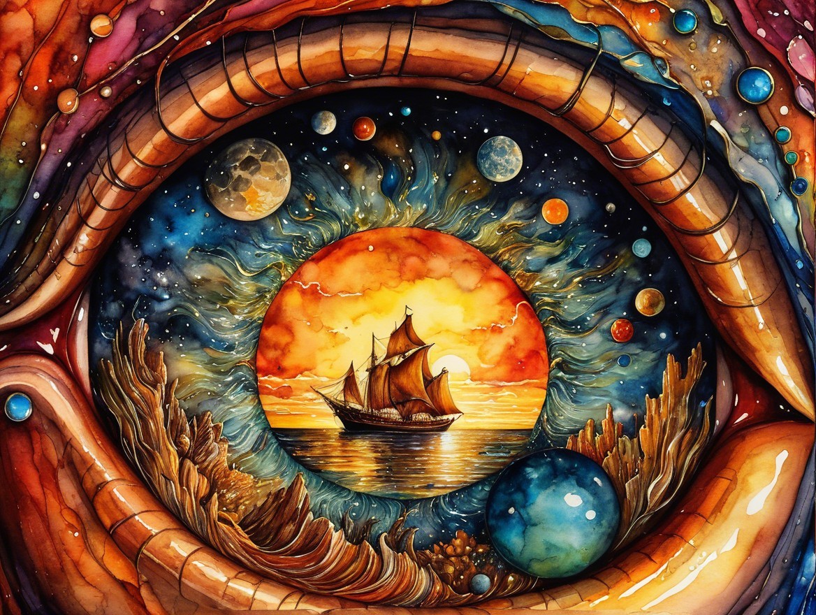 Surreal Eye with Vibrant Seascape and Cosmic Elements
