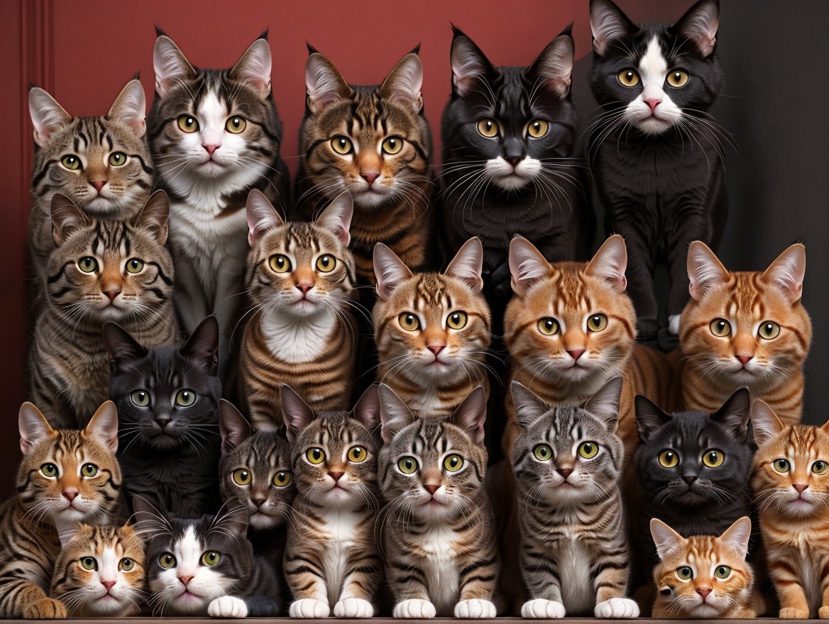 Colorful Cats in Tiered Formation with Unique Expressions