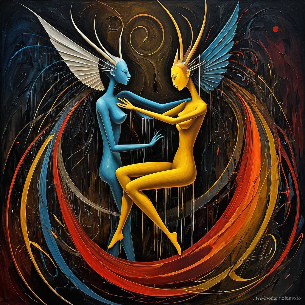Stylized Figures with Wings in Vibrant Color Background