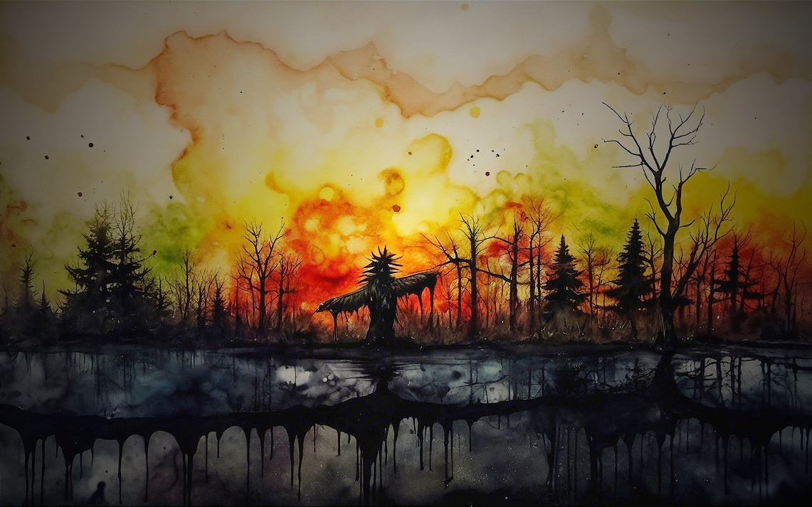 Watercolor Scene of a Mysterious Figure at Sunset