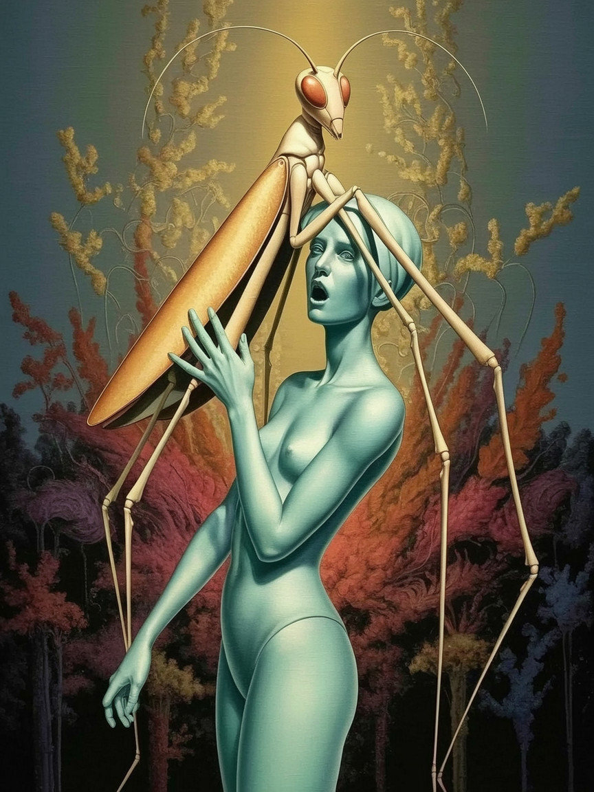 Surreal Scene with Humanoid and Stylized Mantis