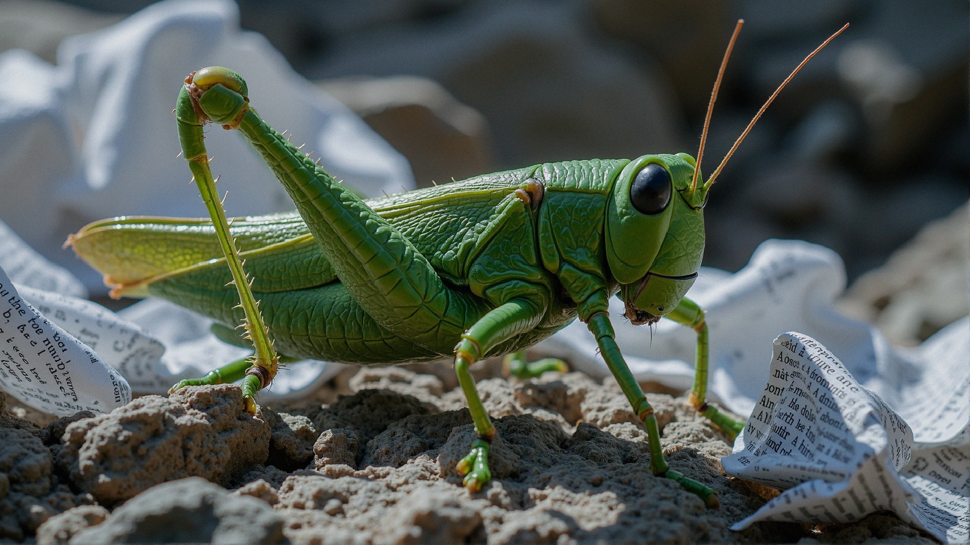 Green Grasshopper on Rocky Surface with Paper Pieces