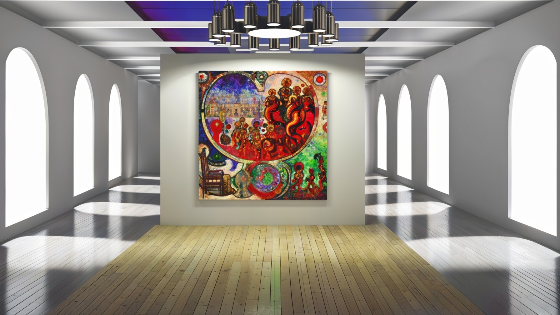 Vibrant Art Gallery with Colorful Paintings and Light