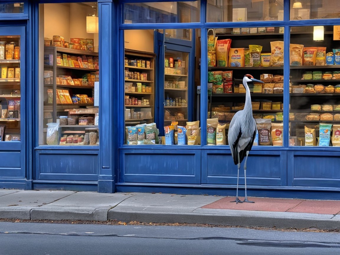 Heron Stands Elegantly by Colorful Shopfront Display