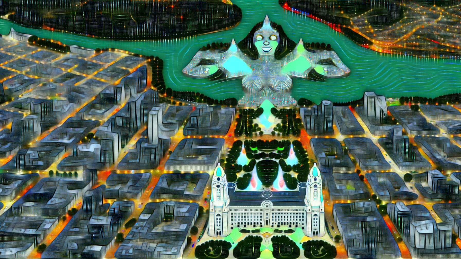 Vibrant Nighttime Urban Landscape with Abstract Statue