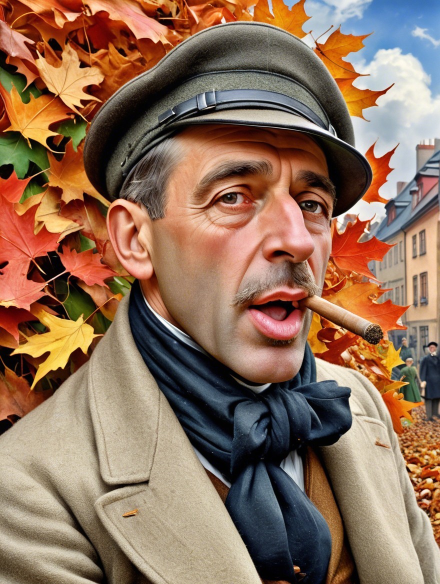 Man in Vintage Attire with Autumn Leaves Background