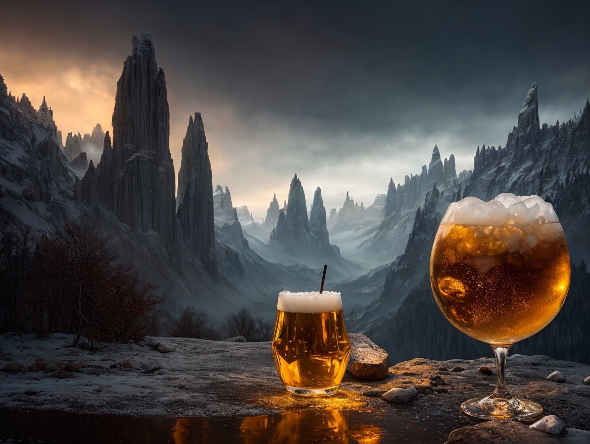 Beer Glasses Against a Dramatic Mountain Landscape