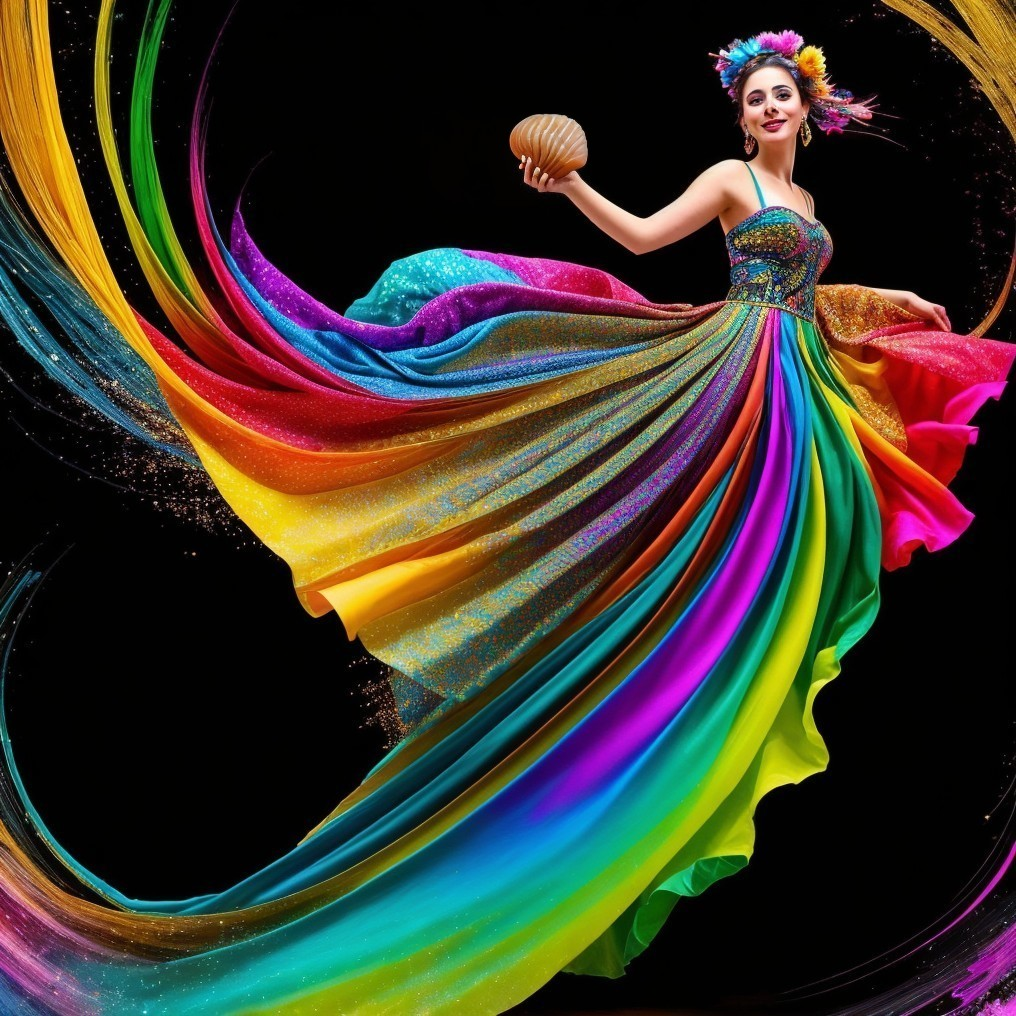 Colorful gown with rainbow hues and floral accents