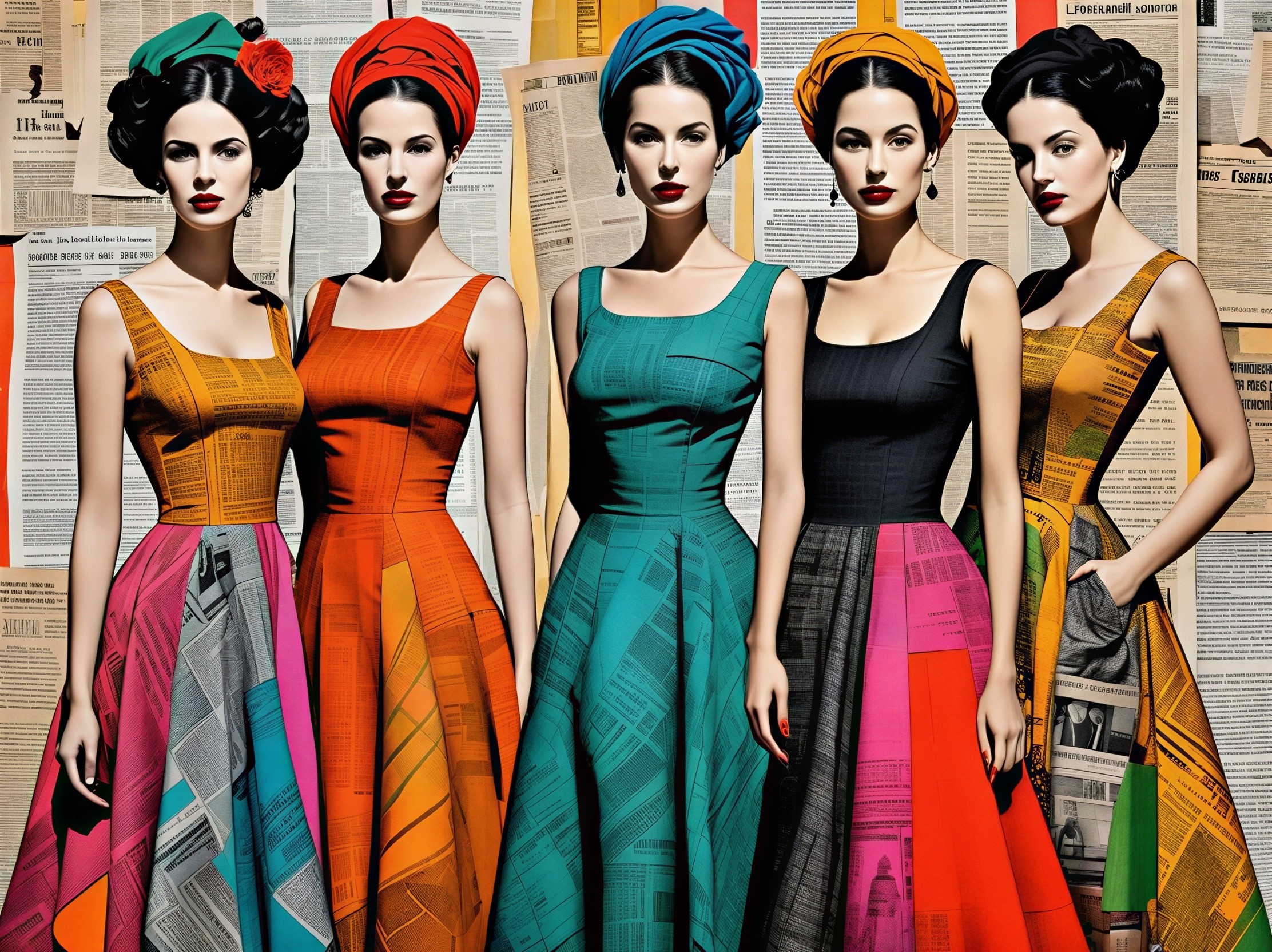 Five Women in Elegant Dresses with Retro Headwraps