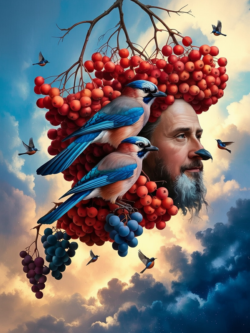 Surreal portrait of a man with fruit face transformation
