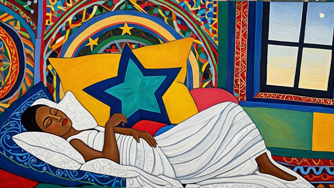 Serene Scene of a Woman Sleeping on a Colorful Couch