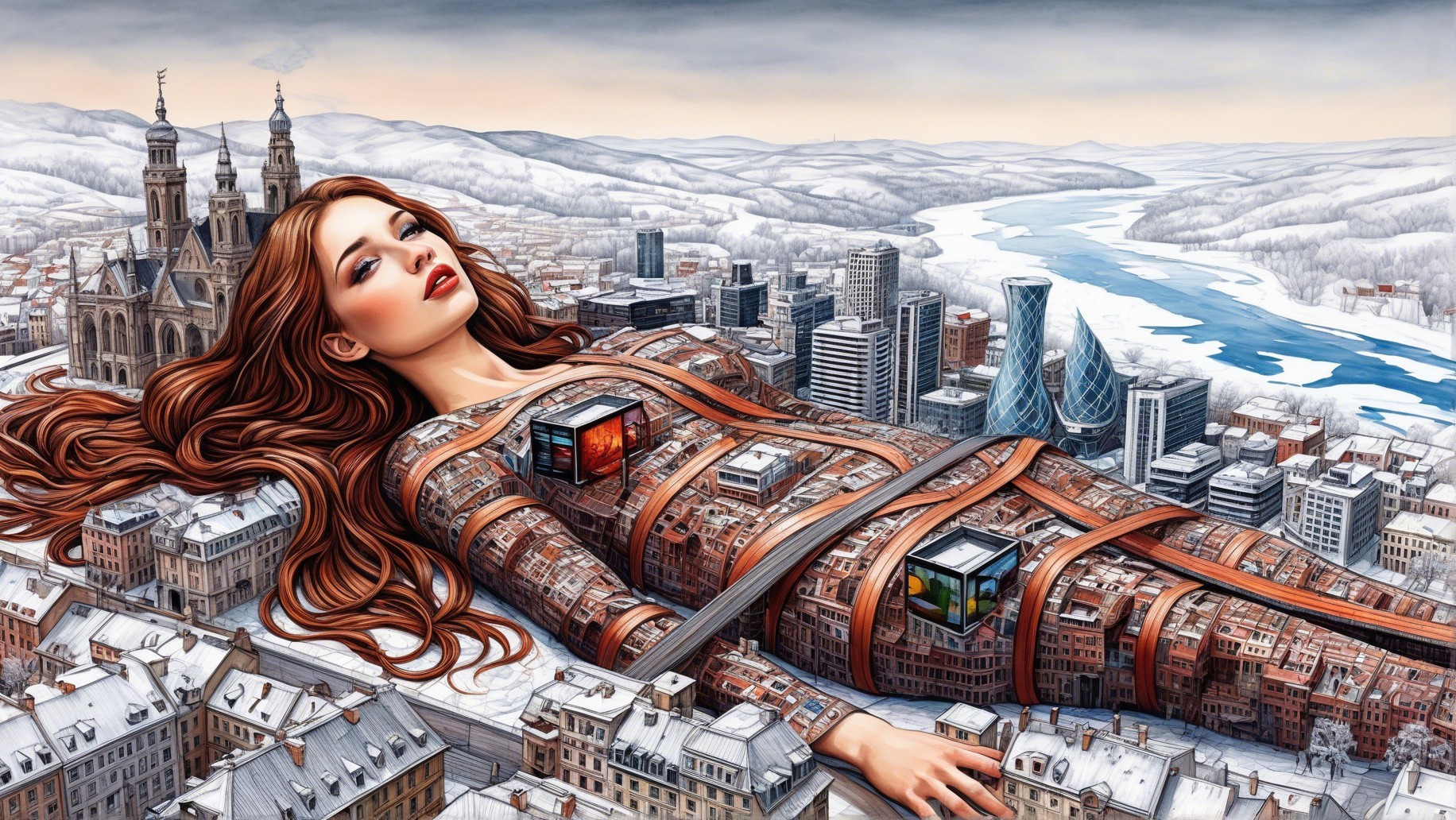 Aerial View of Woman Merged with Cityscape Elements