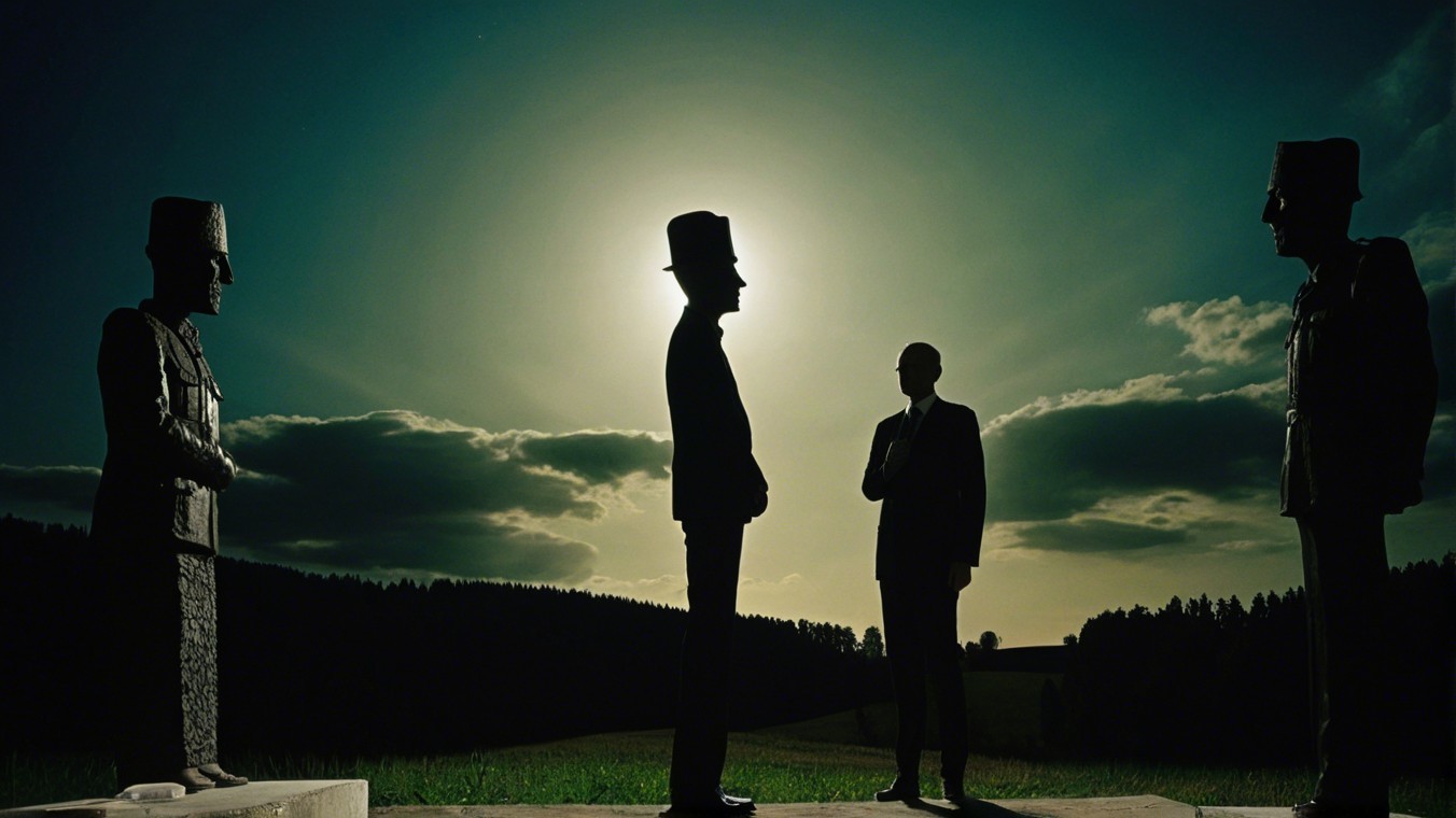 Silhouetted Figures in Dramatic Sunset Landscape