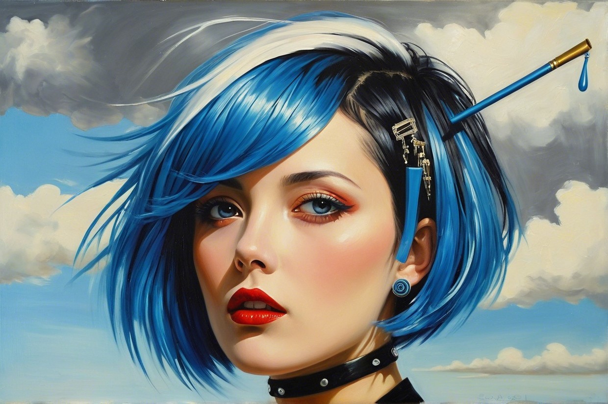 Portrait of a Young Woman with Blue Hair and Choker