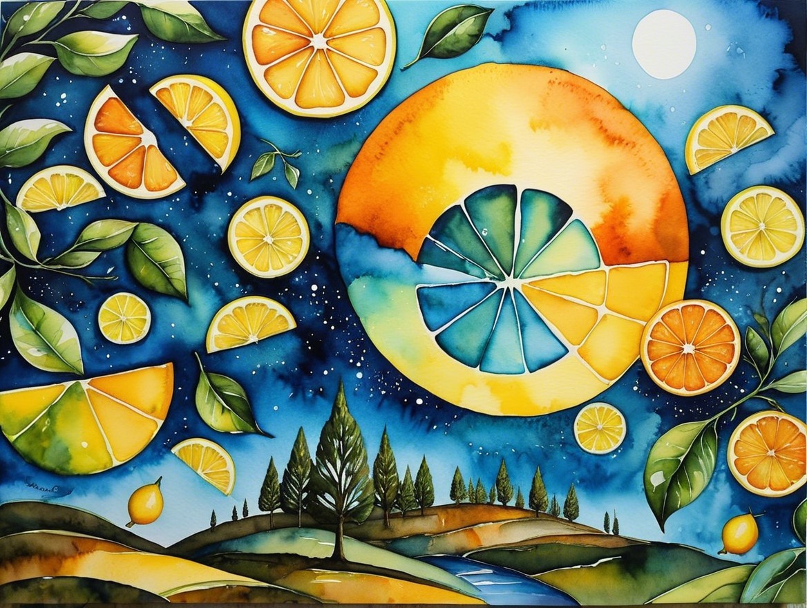 Watercolor of Oranges and Lemons in Night Sky