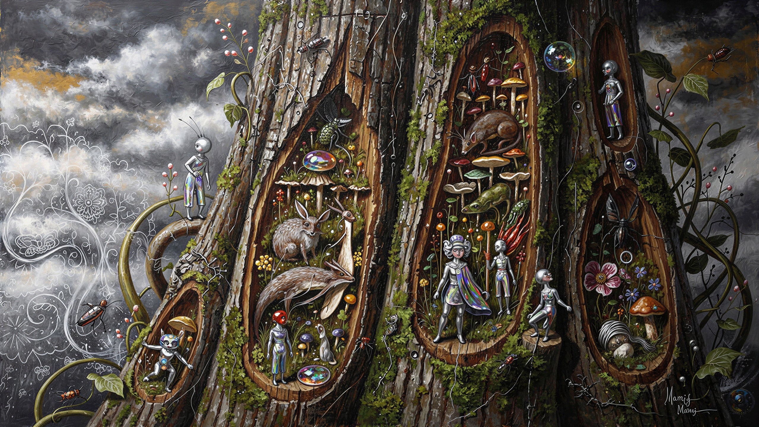 Detailed Painting of Gnarled Tree with Miniature Worlds