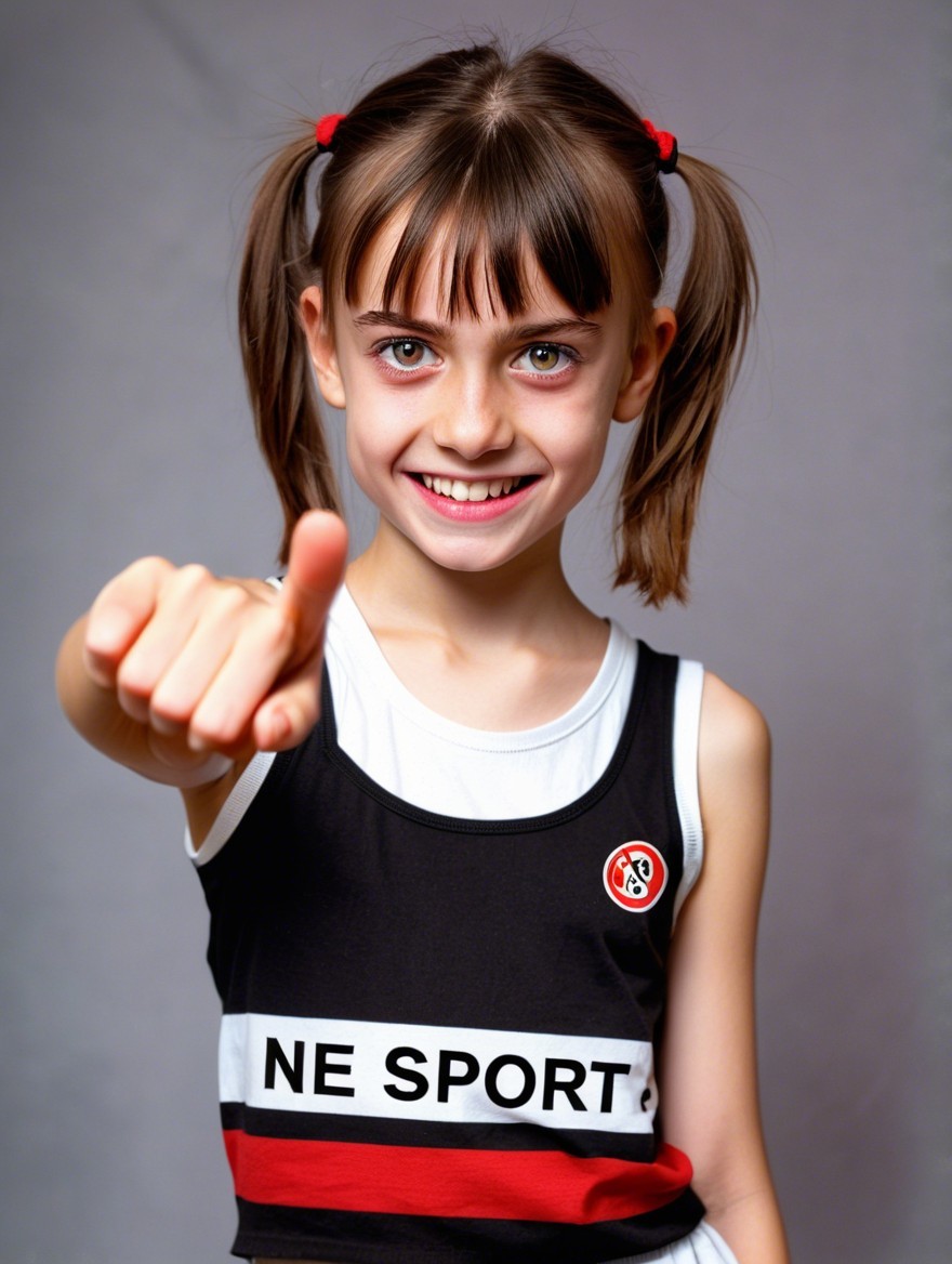 Young girl in athletic tank top with thumbs-up gesture