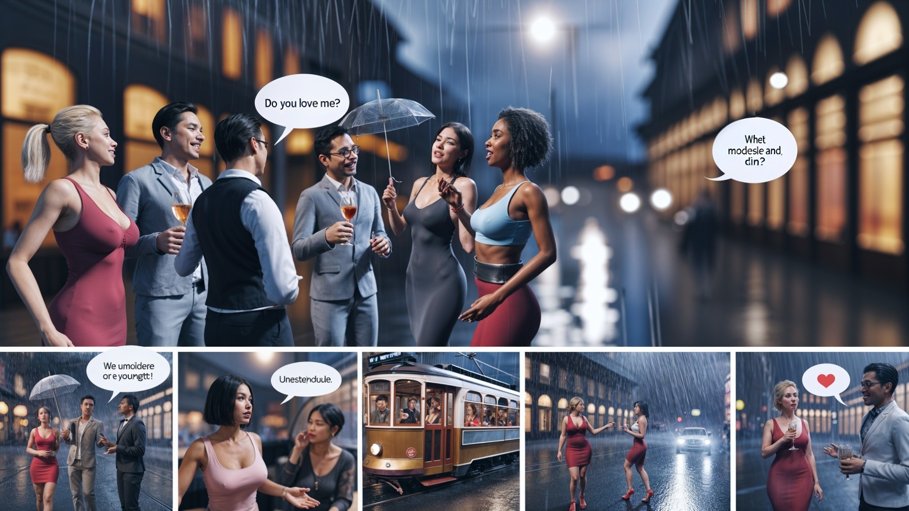 Stylish Friends Enjoy Rainy Evening in Vibrant City