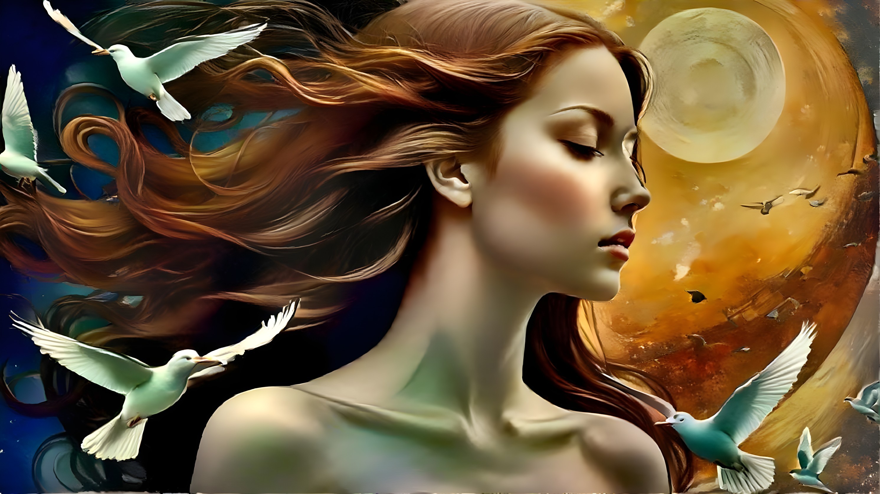 Profile of a Serene Woman Amidst Ethereal Birds