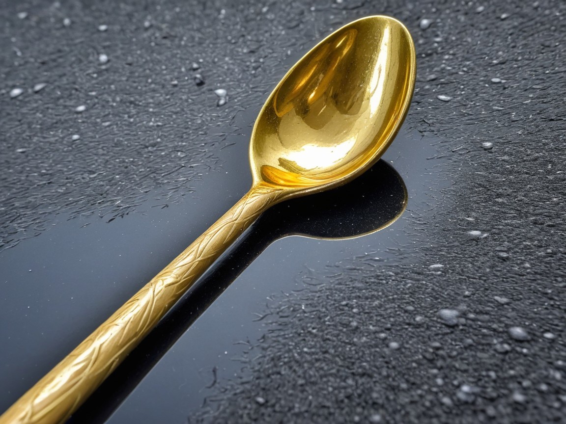 Gold Spoon on Dark Reflective Surface with Water Droplets