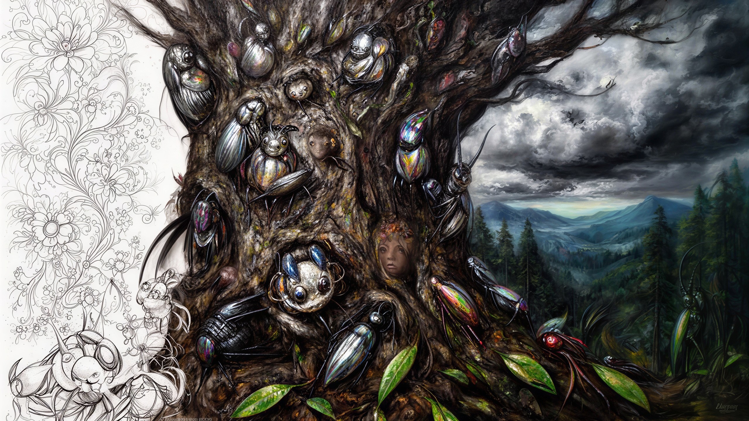 Intricate Digital Painting of a Gnarled Tree in Forest