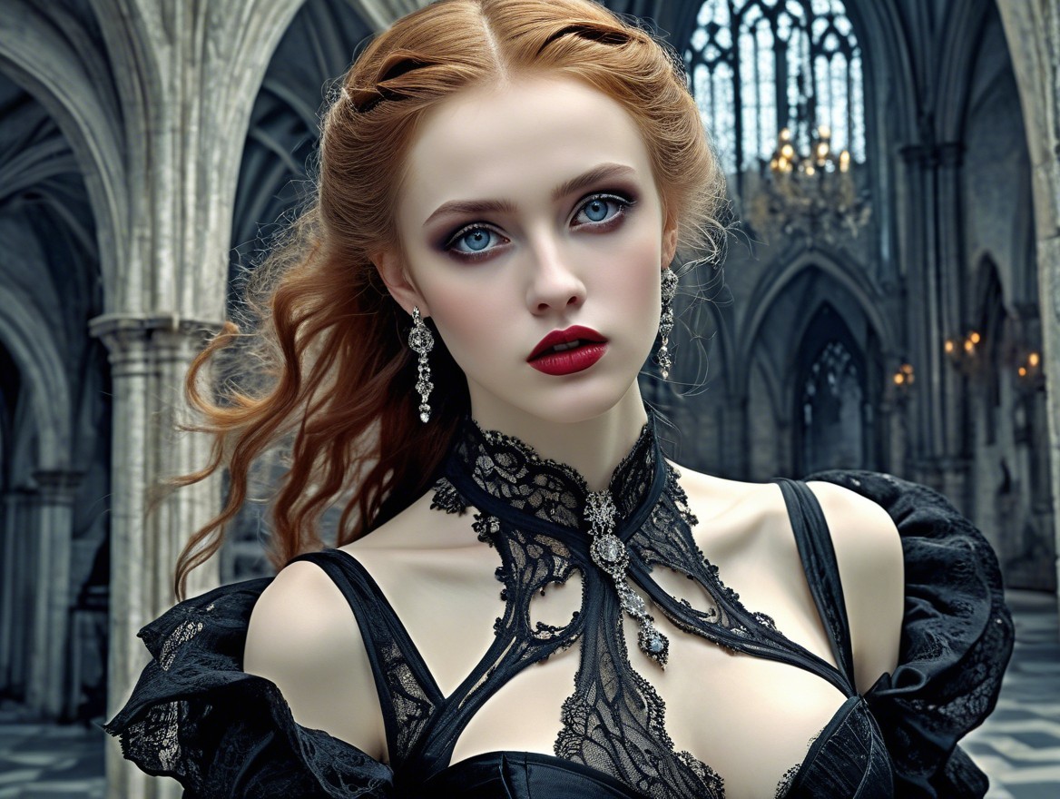 Portrait of a Woman in Gothic Setting with Lace Dress