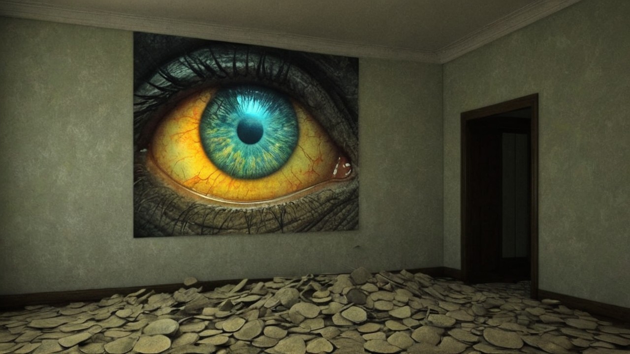 Vivid Mural of an Eye in a Dimly Lit Room