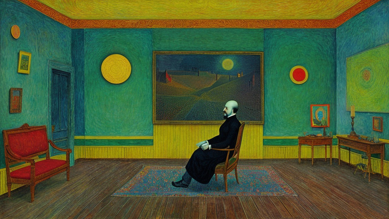 Solitary Figure in Vibrant Room with Artworks