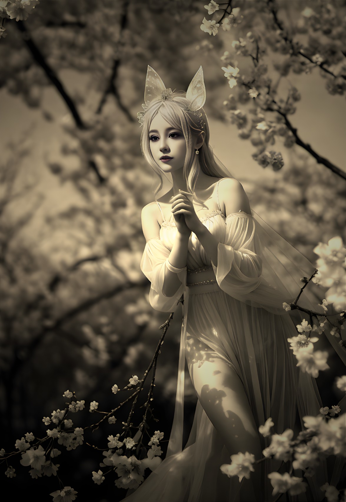 Serene figure in cherry blossoms with whimsical features