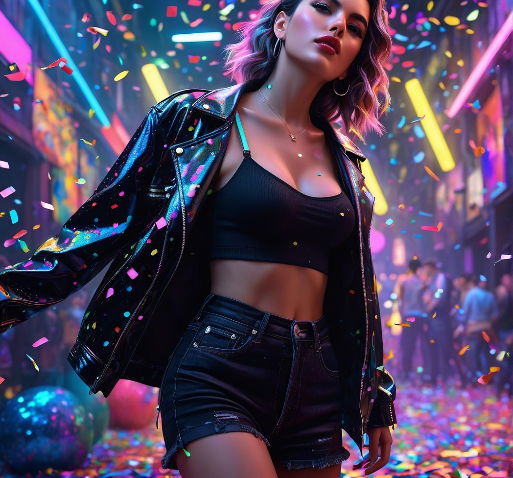 Stylish Woman in Vibrant Street with Colorful Confetti