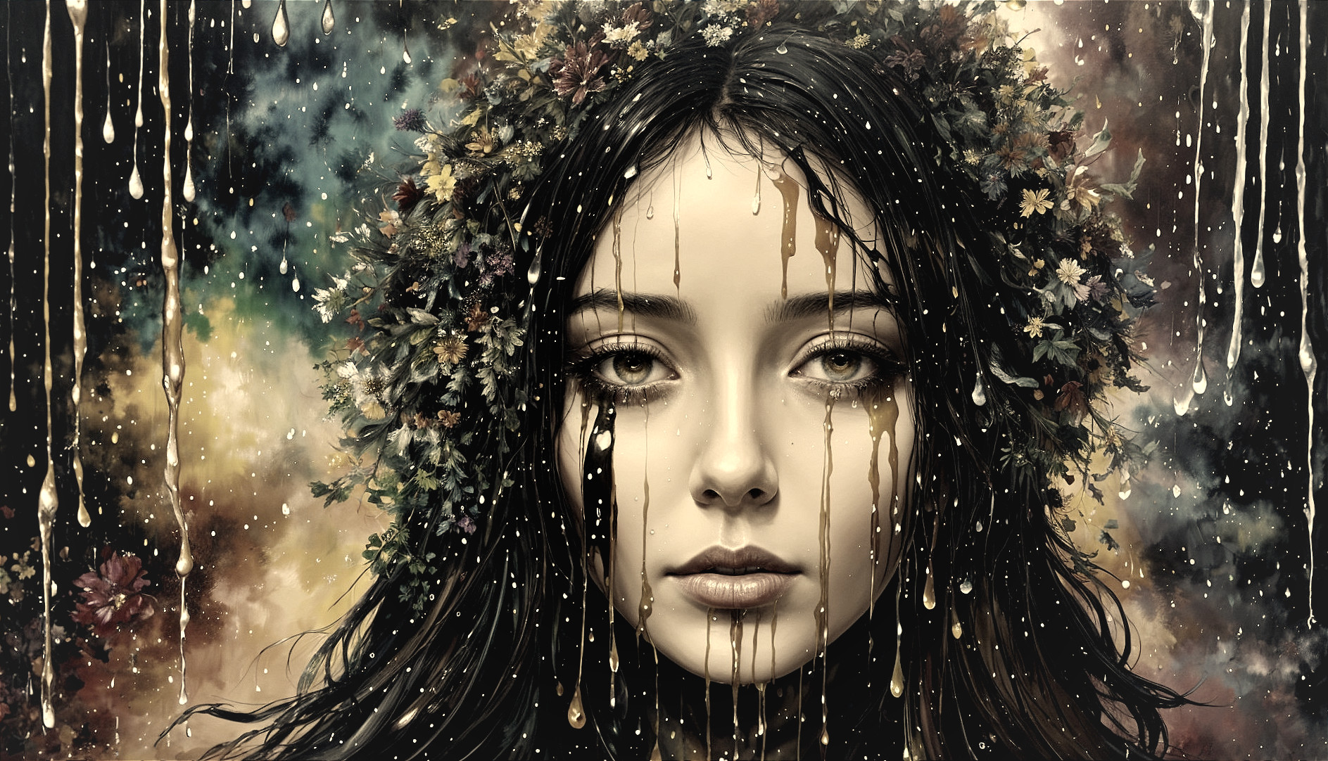Portrait of a girl with dark hair and floral crown