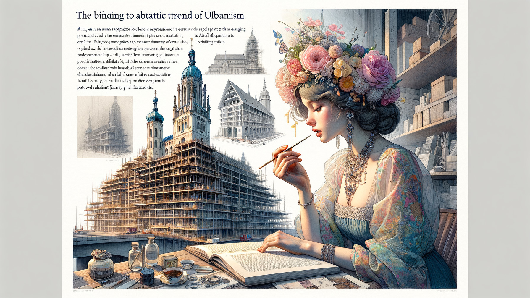 Woman in Historical Attire Writing with Architecture Behind