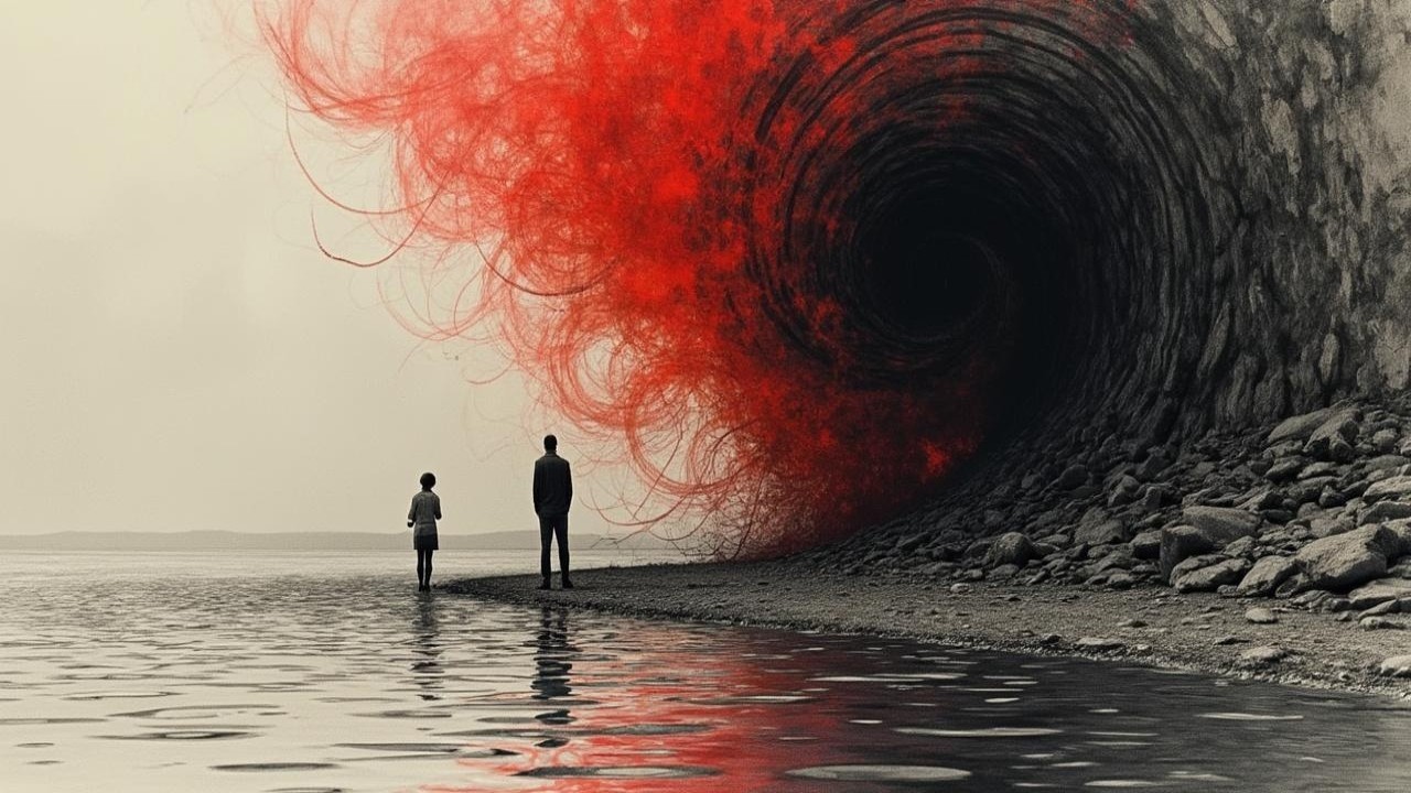 Lone Figure and Child by Eerie Red Vortex on Shore