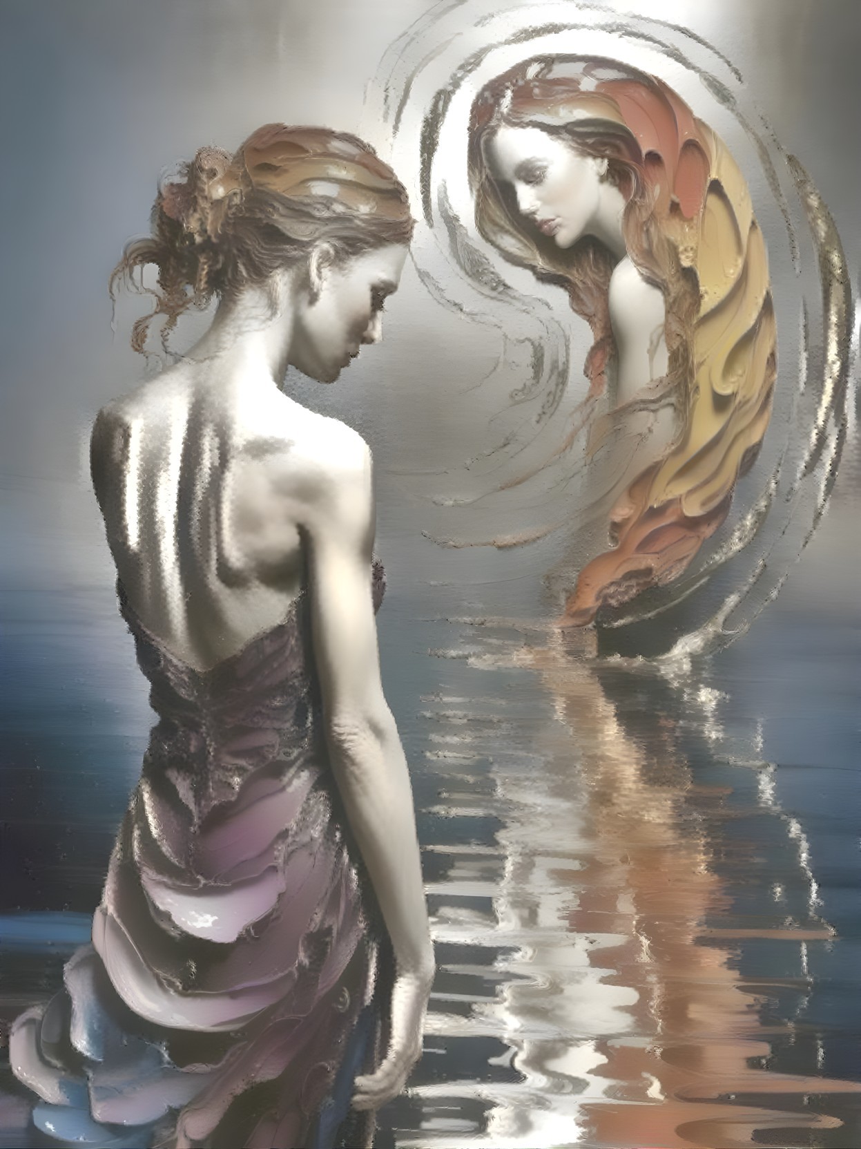 Contemplative Woman by Reflective Water in Soft Colors