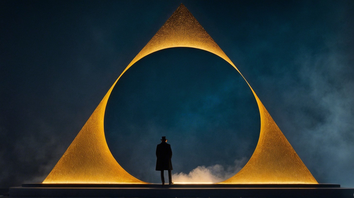 Mysterious Figure Before Geometric Installation with Fog