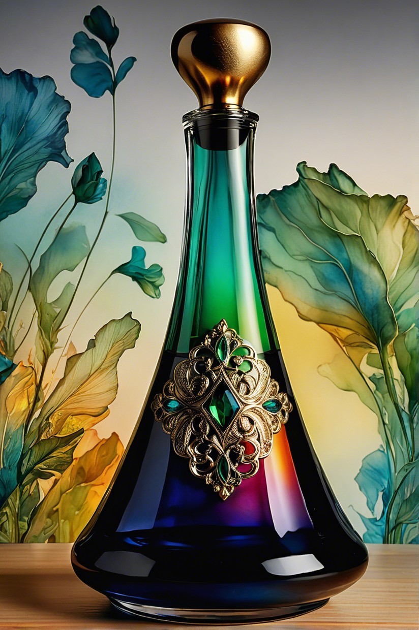 Unique Glass Decanter with Color Gradient and Gold Stopper