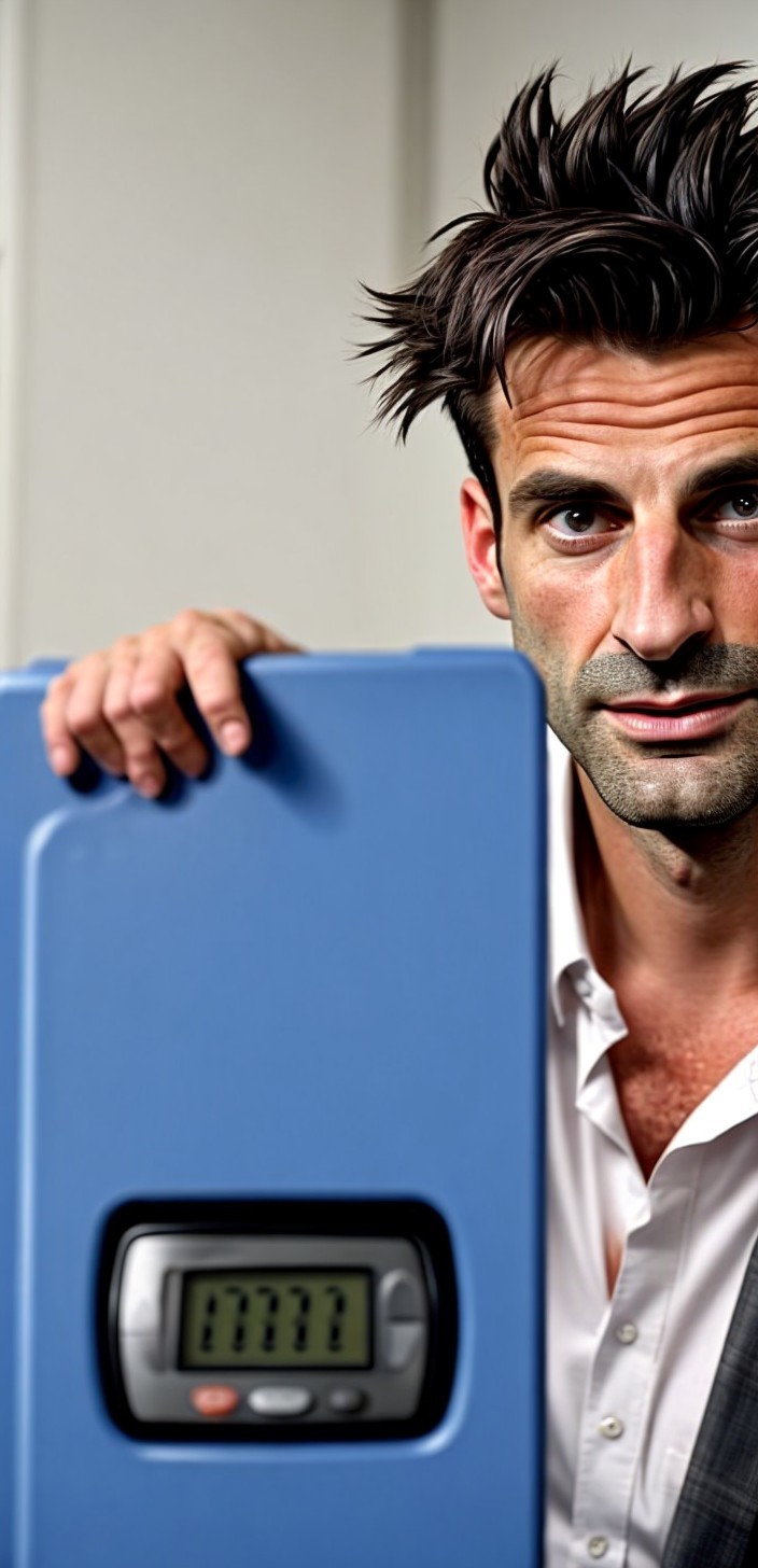 Man with Scale Showing Weight 177.7 in Indoor Setting