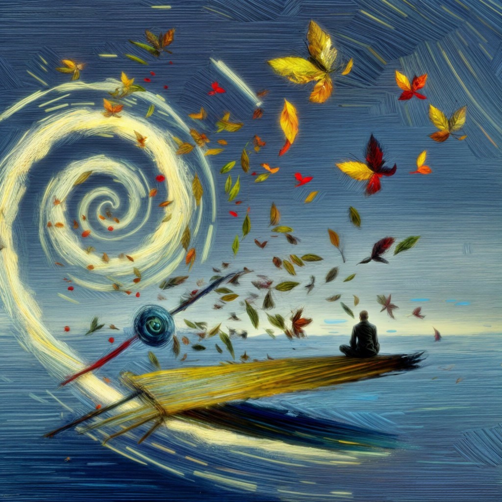 Figure in a boat surrounded by swirling autumn leaves
