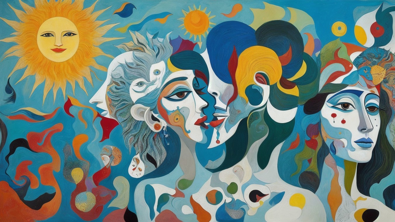 Vibrant abstract mural with intertwined faces and emotions