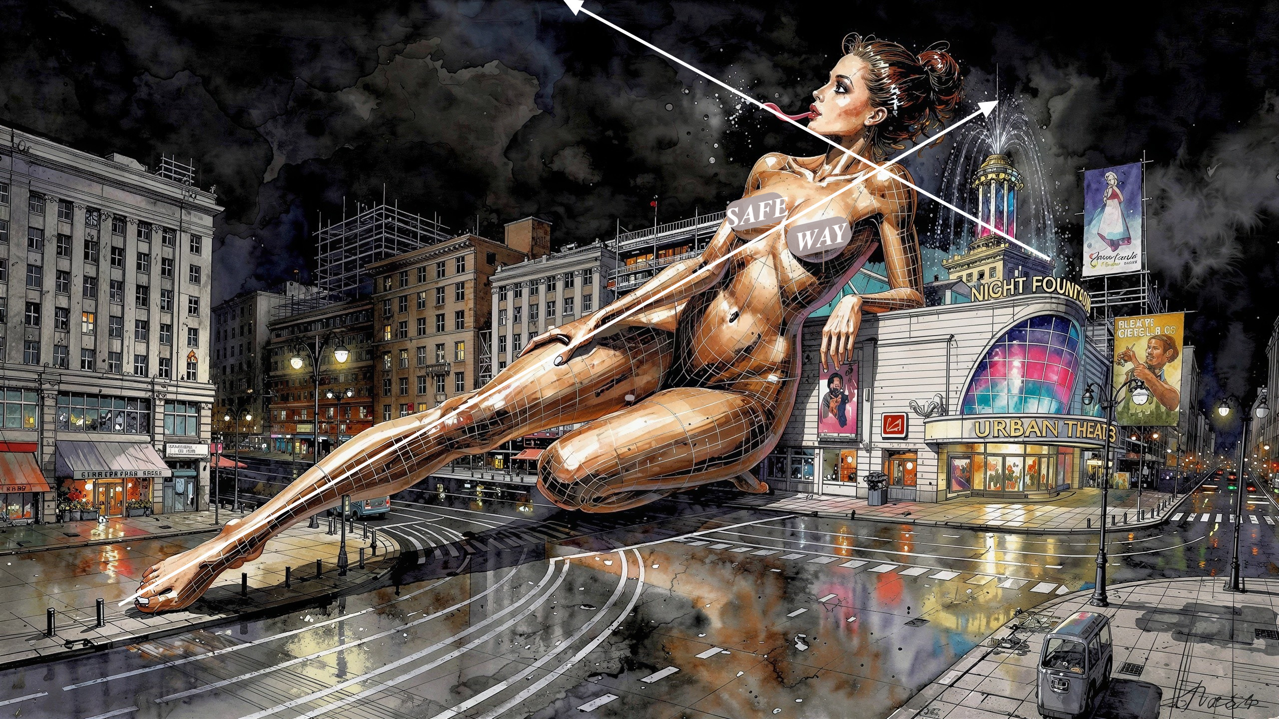 Hyper-realistic nude woman sculpture atop commercial building