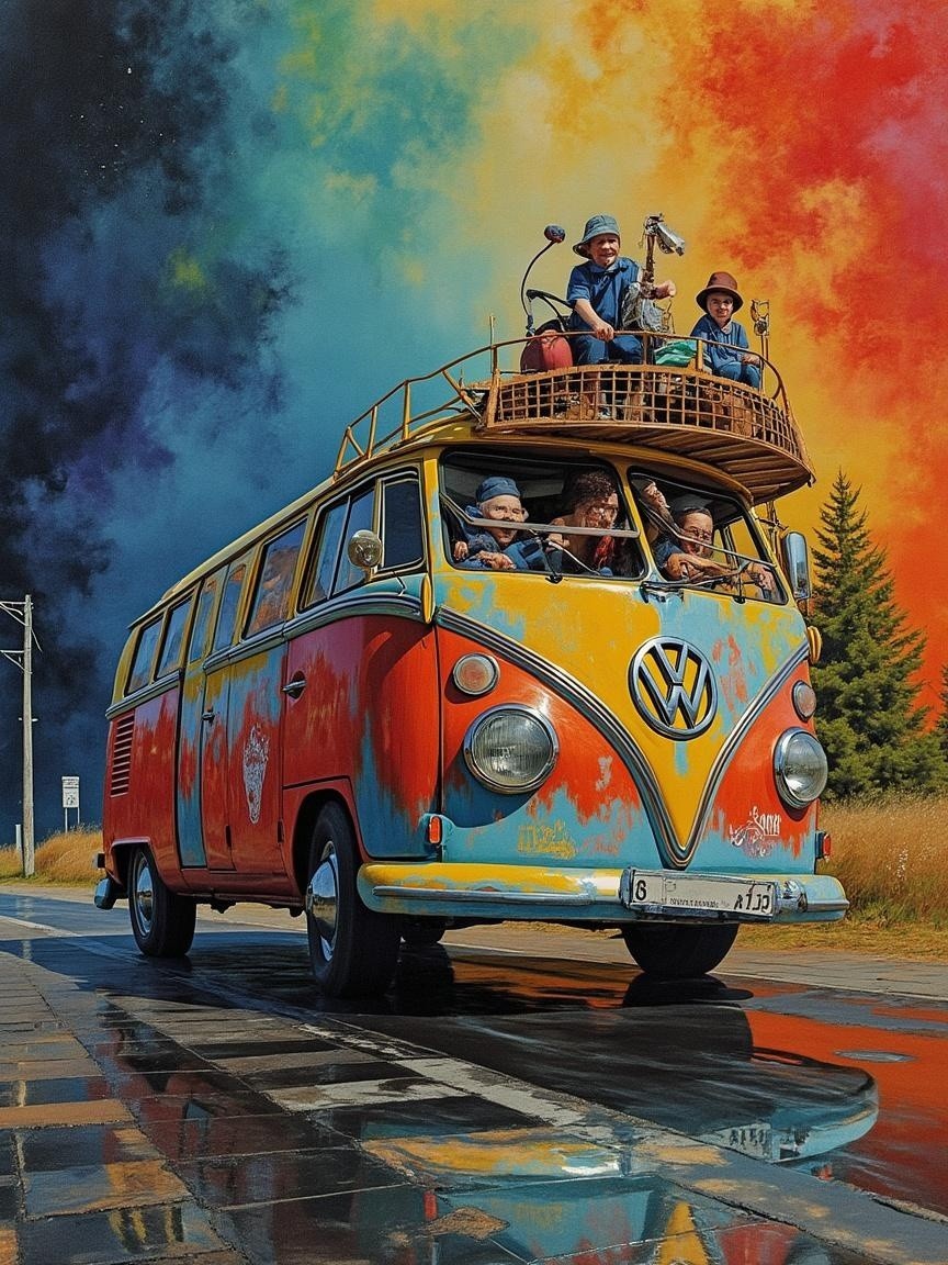 Colorful Vintage Volkswagen Bus on Scenic Road