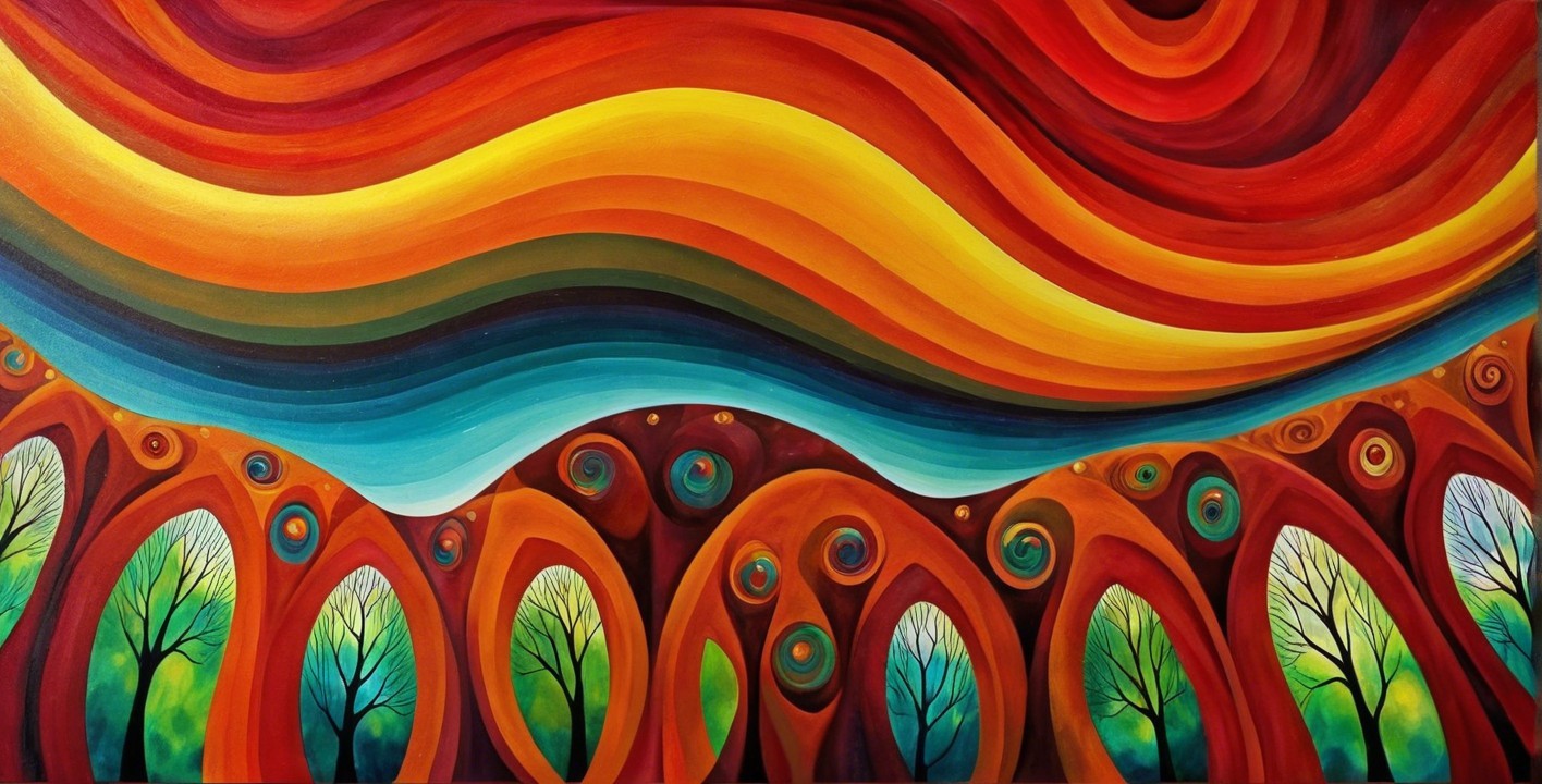 Vibrant Abstract Painting with Flowing Colors and Trees