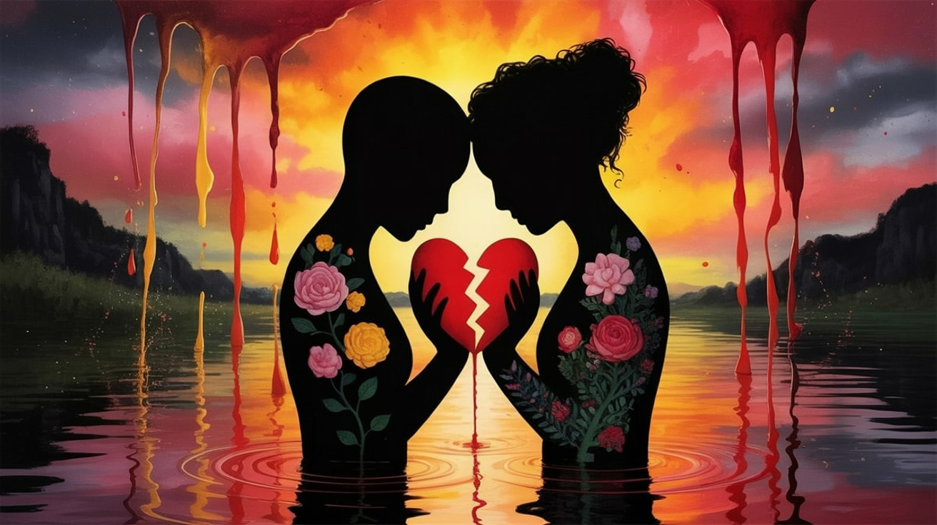 Silhouetted Figures Form Heart with Floral Designs