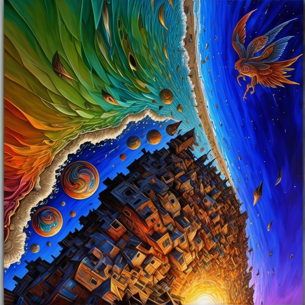 Surreal Landscape of Colorful Waves and Cityscape