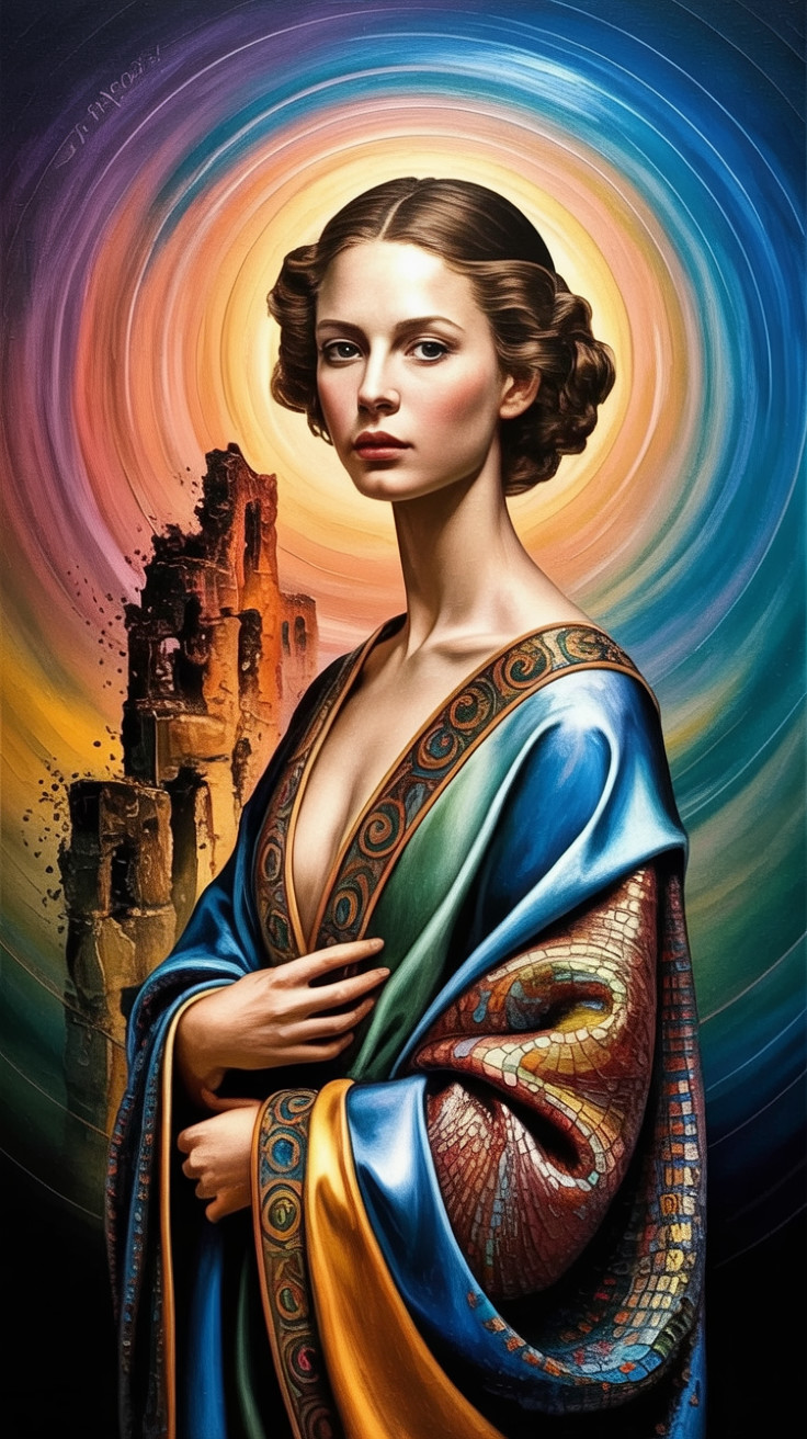 Woman in Intricate Robe Against Colorful Background