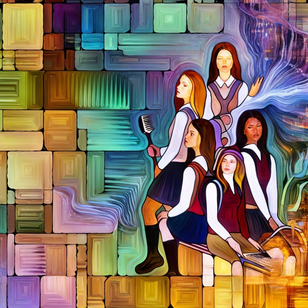 Vibrant Abstract Composition of Young Women in Uniforms