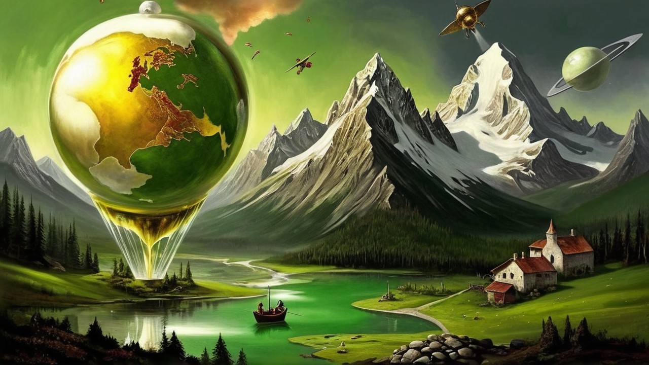 Surreal Landscape with Mountains, Lake, and Globe