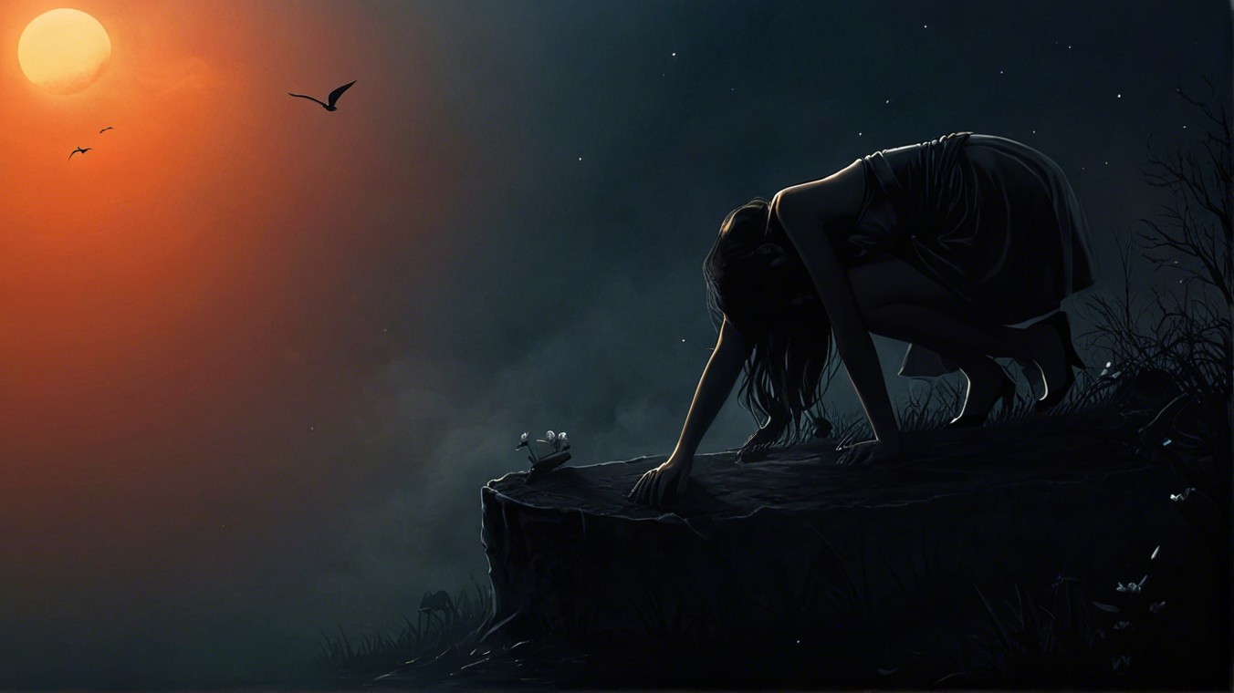 Silhouetted Figure on Cliff Under Orange Moonlight